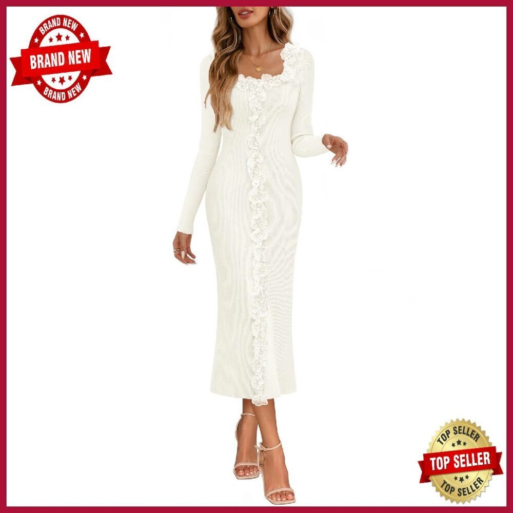 Long Sleeve Bodycon Sweater Dress Ribbed Knit Midi Formal